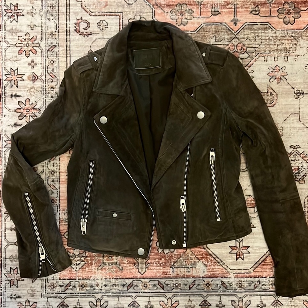 BLANKNYC SL8 Moto Biker Suede Leather Jacket Olive Sage Green XS